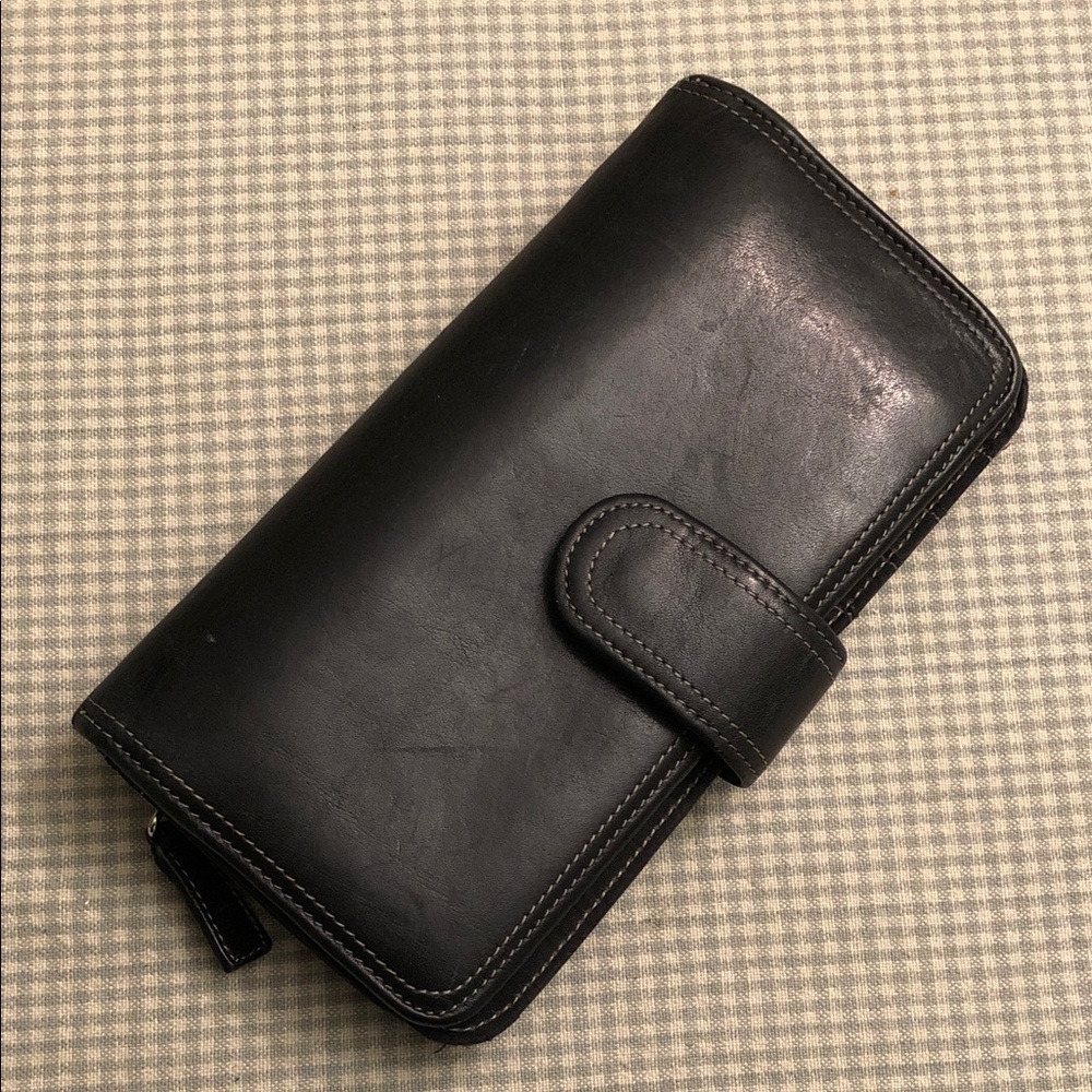 Vintage Double Stitched Black Genuine Leather Flap & Zip Clutch Wallet #617
